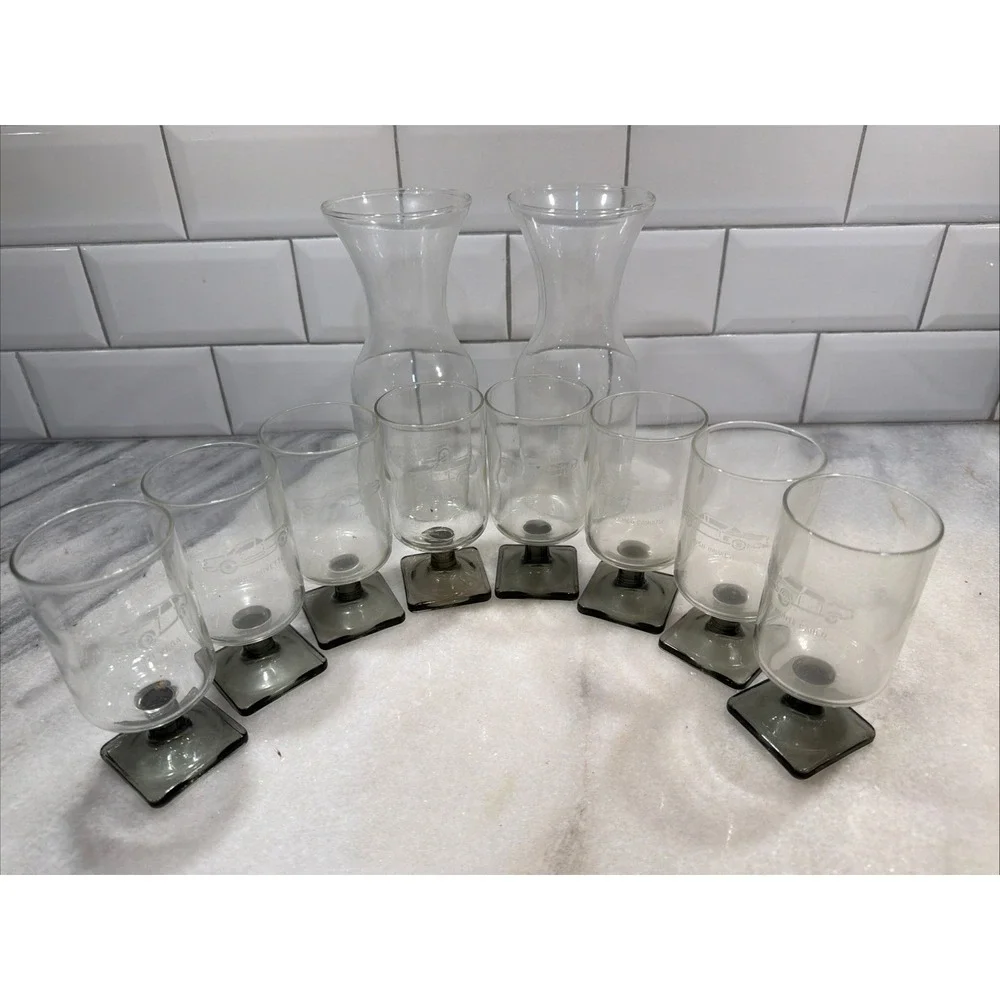 Set Of 8 Vtg Federal Glass Nordic Barware  With Etched Classic Car &2 Server0051